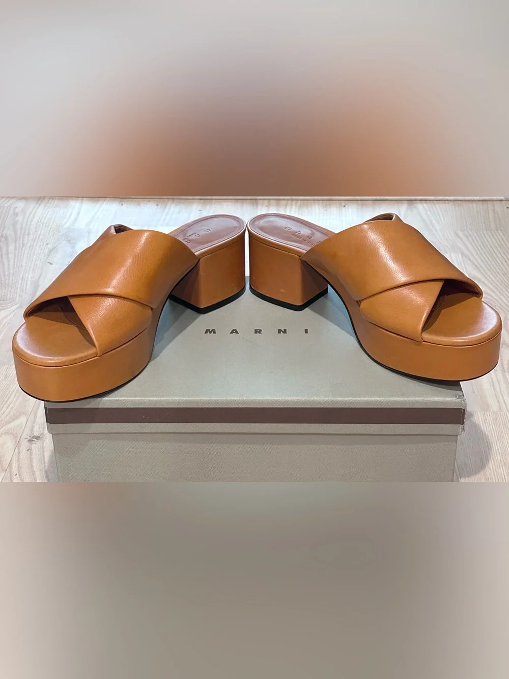 Marni Tan Cognac Leather Cross-Strap Platform Mules